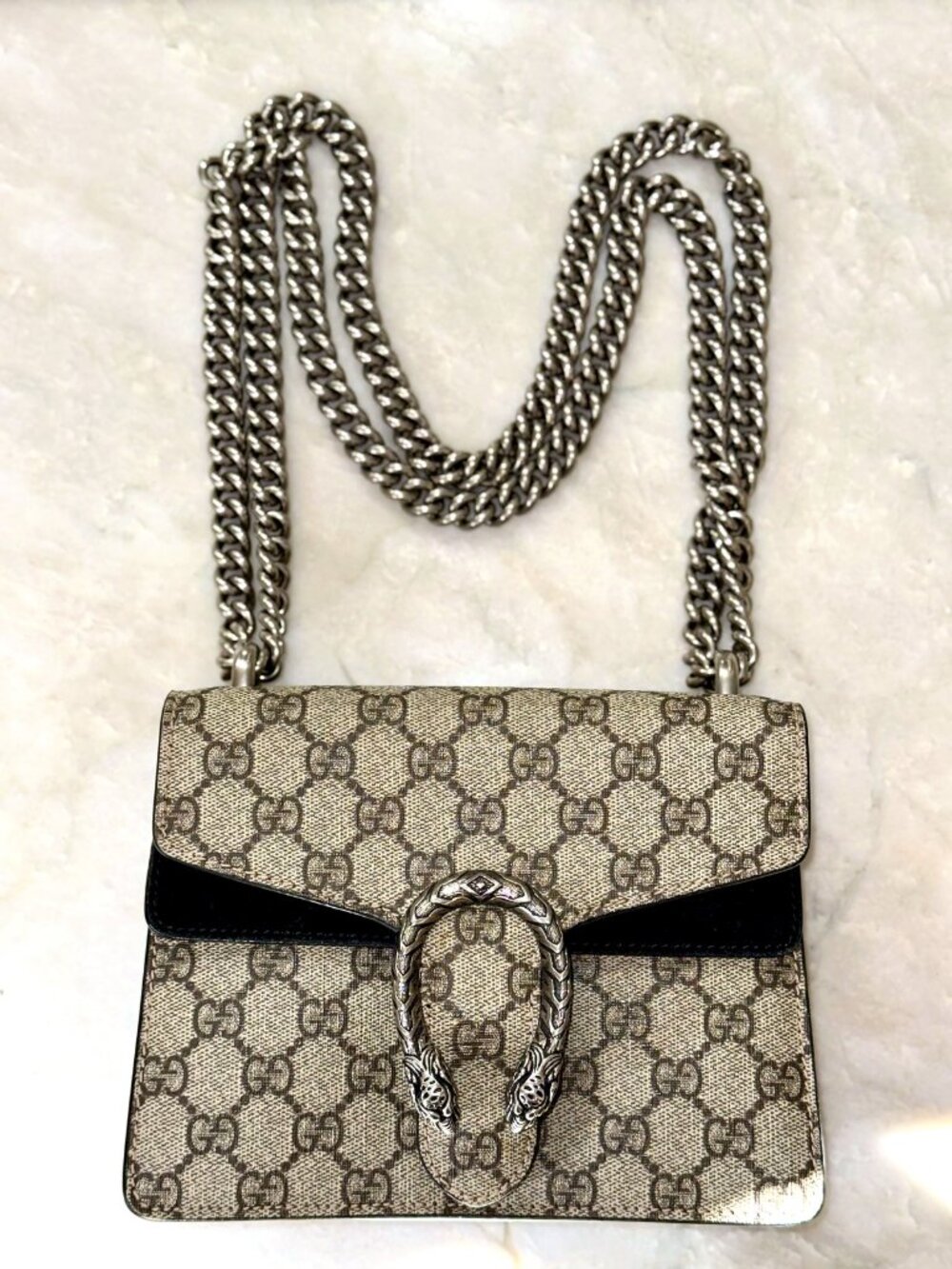 Gucci Dionysus Mini GG Supreme Canvas Black Suede Chain Shoulder Crossbody Bag